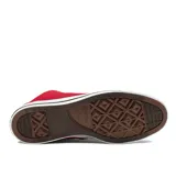 Championes de lona rojos, de caña alta, con cordones blancos y suela de goma blanca con línea negra. Presentan el logo de Converse All Star en el lateral interno.