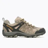 Zapatillas de senderismo impermeables para hombre, marca Merrell, modelo Accentor 3 WP. Capellada de ante y malla color beige con detalles en negro. Suela de goma con tecnología Merrell Air Cushion para absorción de impactos y estabilidad.