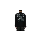 Buzo negro Off-White de cuello redondo, manga larga y calce holgado, con pequeño estampado tipográfico en el pecho y diseño gráfico en la espalda.