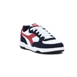 Championes Diadora T3 Raptor Low Sl, con capellada de cuero sintético color blanco, detalles en azul marino y rojo.