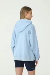 Buzo hoodie celeste de rústico, con capucha y cordones de ajuste color salmón y verde. Tiene etiqueta de la marca en la manga derecha con logo Basset 00'S.