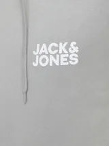 Canguro gris de manga larga con capucha, bolsillo tipo canguro y logo estampado en el pecho.