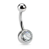 Piercing de ombligo de acero quirúrgico con una esfera superior y una esfera inferior con un cristal incrustado.