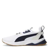 Championes Puma Anzarun 2.0 Formstrip de diseño deportivo y urbano. Presentan una base de malla blanca con detalles en azul marino, entresuela blanca y suela de goma color caramelo.