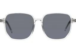 Lentes de sol con marco transparente de forma geométrica y lentes grises polarizadas.