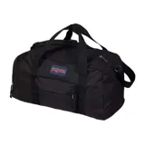 Bolso tipo duffel negro, marca Jansport, modelo Weekender Medium. Tiene doble asa de mano y correa de hombro ajustable y removible. Cuenta con un bolsillo frontal con cierre y el logo de la marca bordado.