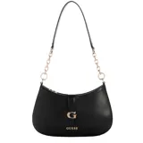 Cartera tipo hobo Guess modelo Carrie, color negro, con diseño compacto y cierre superior. Presenta detalle de logo G metálico en el frente, correa con eslabones dorados y acabado en cuero sintético.