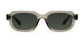 Lentes de sol rectangulares color gris con bordes redondeados y lentes verdes polarizadas.