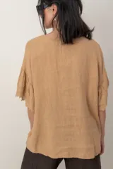 Blusa de lino color tostado, de corte holgado y manga corta con inserción de puntilla bordada.