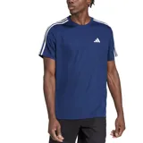Remera deportiva azul con cuello redondo y mangas cortas. Presenta el logo de Adidas en el pecho y las tres tiras características de la marca en los hombros.