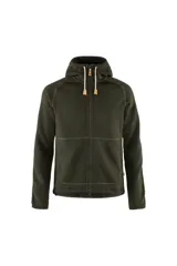 Buzo polar con capucha color verde musgo, con cierre frontal y bolsillos laterales.