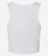 Top cropped sin mangas, color marrón oscuro, de corte ajustado al cuerpo y cuello redondo. Presenta textura acanalada.