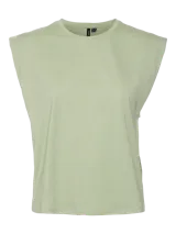 Musculosa de algodón color verde menta, con cuello redondo y diseño de hombros marcados y amplios.
