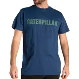Remera azul con logo de Caterpillar estampado en verde en el pecho.