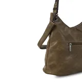 Cartera estilo hobo color marrón, confeccionada en material símil cuero con textura. Presenta dos bolsillos frontales con cierre metálico, apertura superior con cierre y asa corta para el hombro.
