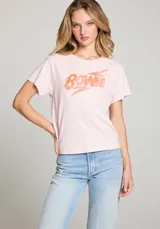 Remera rosa pálido de algodón con cuello redondo y estampado vintage de Bowie en color naranja.
