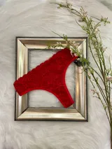 Vedetina de encaje rojo con diseño floral, confeccionada en tela elastizada con refuerzo de algodón en la entrepierna.