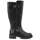 Bota de caña alta color negro con suela track y hebillas decorativas.