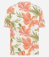 Blusa de calce entallado confeccionada en viscolycra con estampa floral en tonos rosados y verdes sobre fondo crema. Presenta cuello redondo y terminaciones de mangas cortas en tejido de punto acanalado de color rosado.