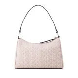 Cartera Guess modelo Jillian, de formato compacto con cierre superior. Presenta un diseño estampado con el logo de la marca en color rosa y blanco, con herrajes plateados, asa corta para llevar al hombro y correa larga ajustable y extraíble.