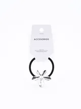 Colero de pelo con elástico negro y dije plateado en forma de flor con centro de perla.