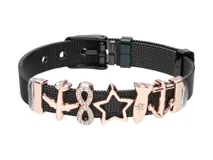 Pulsera de acero negra con cierre de hebilla y dijes colgantes en color oro rosa: avión, símbolo de infinito con strass, estrella calada, cohete y ancla.