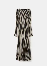 Vestido midi de poliéster con estampado animal print tipo cebra en tonos marrón y negro, escote redondo y manga larga.