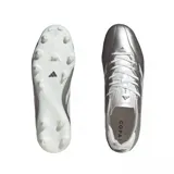 Championes de fútbol Adidas Copa Pure IV League FG/MG, color plateado metalizado con las icónicas tres tiras de la marca en blanco en los laterales.