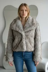 Abrigo corto de piel sintética con solapas anchas, manga larga y cierre frontal oculto.