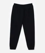 Pantalón jogger negro de algodón y poliéster, con cintura elástica y cordón ajustable. Presenta bolsillos laterales y puños ajustados en los tobillos.