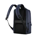 Mochila de formato cuadrado, color azul marino, con múltiples compartimentos frontales con cierre. Posee un asa superior para llevarla de mano.