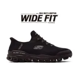 Championes Skechers Hands Free Slip-ins Glide-Step Zefyr, color negro, con capellada de tejido textil jaspeado elástico, cordones elásticos fijos, plantilla Skechers Air-Cooled Memory Foam y media suela Glide-Step. Diseño Wide Fit (horma ancha).