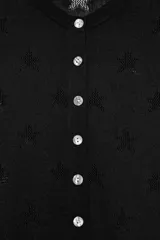 Chaqueta de punto pointelle negra, de manga corta y cuello redondo, con diseño de estrellas y cierre frontal con botones.