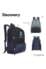 Mochila Discovery de diseño urbano, combinada en gris y negro con el logo de la marca estampado en verde. Cuenta con compartimento principal con cierre, bolsillo frontal con cierre y bolsillos laterales de red.
