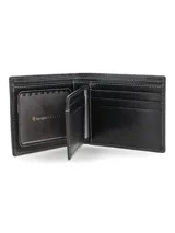 Billetera de cuero marrón con compartimentos internos para tarjetas, visor transparente y volante interior abatible.