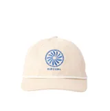 Gorra de visera curva Rip Curl color beige, con detalle de cordón blanco en la unión de la visera y bordado frontal en azul con la marca y un diseño circular.