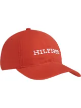 Gorra de béisbol roja con logo de Tommy Hilfiger bordado en blanco en el frente.