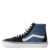 Championes Vans modelo SK8-Hi de caña alta, con diseño en combinación de colores azul marino y negro. Presentan la icónica franja lateral blanca, cordones blancos, puntera reforzada y suela de goma con patrón waffle.