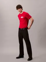 Remera Calvin Klein de manga corta y cuello redondo, en color rojo, con estampado gráfico de la palabra 'ALL' en color blanco en el pecho.