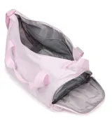 Bolso deportivo tipo duffel de la marca Jansport, color bordó, con doble asa de mano y correa ajustable para hombro. Cuenta con cierre principal, bolsillo frontal con cierre y logo de la marca aplicado.