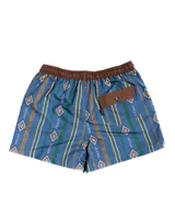 Short de baño azul con estampado geométrico en tonos marrón, verde y amarillo. Tiene cintura elástica con cordón ajustable.