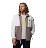 Campera de forro polar Columbia Backbowl II Light FZ, con diseño colorblock en tonos blanco, marrón y detalles en verde oliva. Cuenta con cuello alto, cierre frontal completo y bolsillos laterales con cierre.