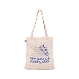 Bolso de mano New Balance color crema con estampado azul de una zapatilla de running y el texto "new balance running club".