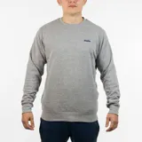 Buzo deportivo de manga larga, color gris melange, con cuello redondo y pequeño logo bordado en azul marino en el pecho.