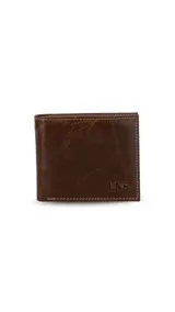 Billetera de cuero marrón claro, con pespuntes en color crema. Diseño clásico con compartimento para billetes con cierre interno y visor para tarjetas.