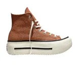 Championes Converse modelo Chuck Taylor All Star Lift Double Stack, de caña alta, color marrón con textura sutil. Presentan una plataforma doble de goma blanca con detalles de líneas negras, puntera de goma y cordones blancos.