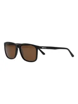Lentes de sol RKF Viterbo para hombre, con montura rectangular negra y lentes marrones. Incluye estuche rígido marrón y paño de limpieza verde.