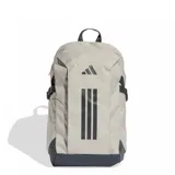Mochila Adidas Apwr color beige con base y detalles en gris oscuro, cuenta con las tres líneas características de la marca estampadas en negro en la parte frontal.