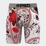 Calzoncillos bóxer de hombre PSD con estampado de cachemira y rosas rojas sobre fondo blanco.