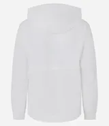 Campera deportiva cortaviento color blanco, con capucha ajustable, cierre frontal por cremallera y diseño de corte holgado. Incluye saquito para guardar.